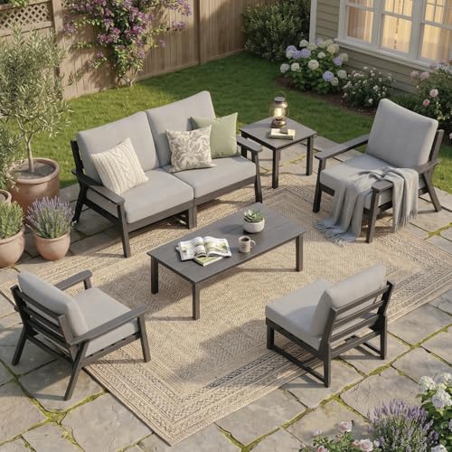 Image of LOUNZY HDPE Outdoor Furinture Set, 7 Piece Sectional Sofa Patio Furniture Set, All Weather Outdoor Couch Set Patio Furniture Set for Deck, Lawn, Grey