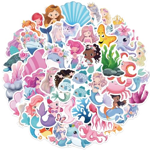 50pcs Mermaid Stickers for Girls, Ocean Princess Decals for Laptop, Cups, Water Bottles, Gifts for Women & Men (Mermaid)