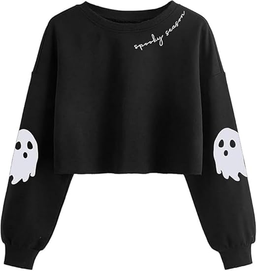Women Fall Halloween Ghost Crop Sweatshirt Lantern Sleeve Pullover