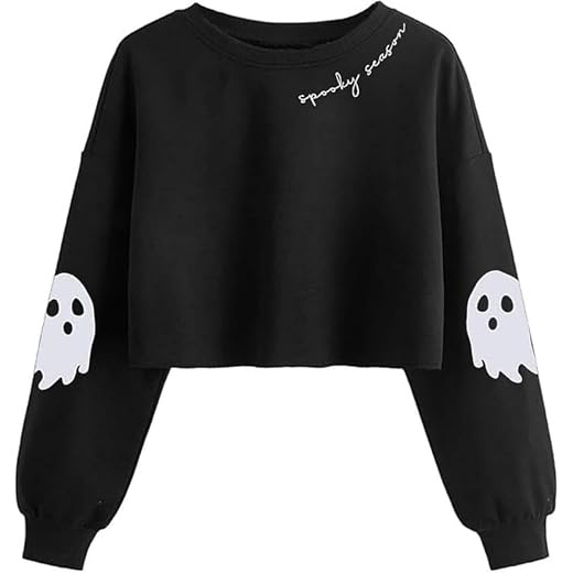Women Fall Halloween Ghost Crop Sweatshirt Lantern Sleeve Pullover