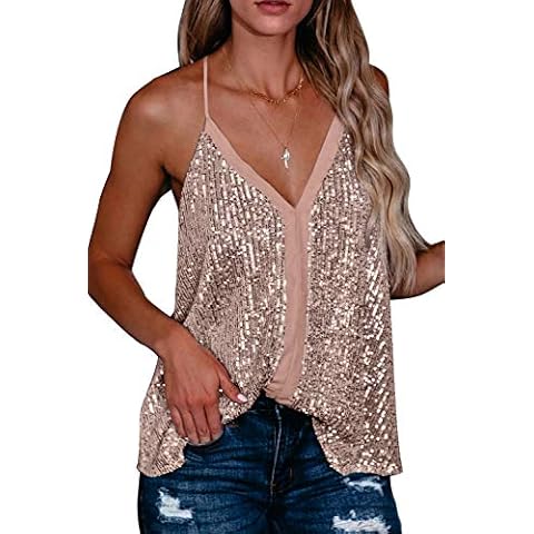 Women Spaghetti Strap Cami Tops Sequin Racerback Contrast Binding Tank, Pink, L Cover
