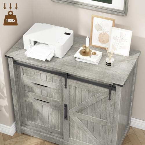 Halitaa Lateral File Cabinets with Adjustable Shelf, Farmhouse Filing Cabinet for Home Office, Filing Organization Storage Cabinets with Sliding Barn Door for Hanging Files Letter/A4.Gray - Thumbnail 7
