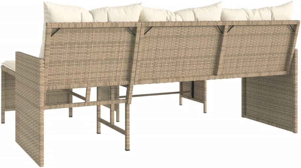 Patio Sofa with Table and Cushions L-Shaped Beige Poly Rattan Lawn Furniture