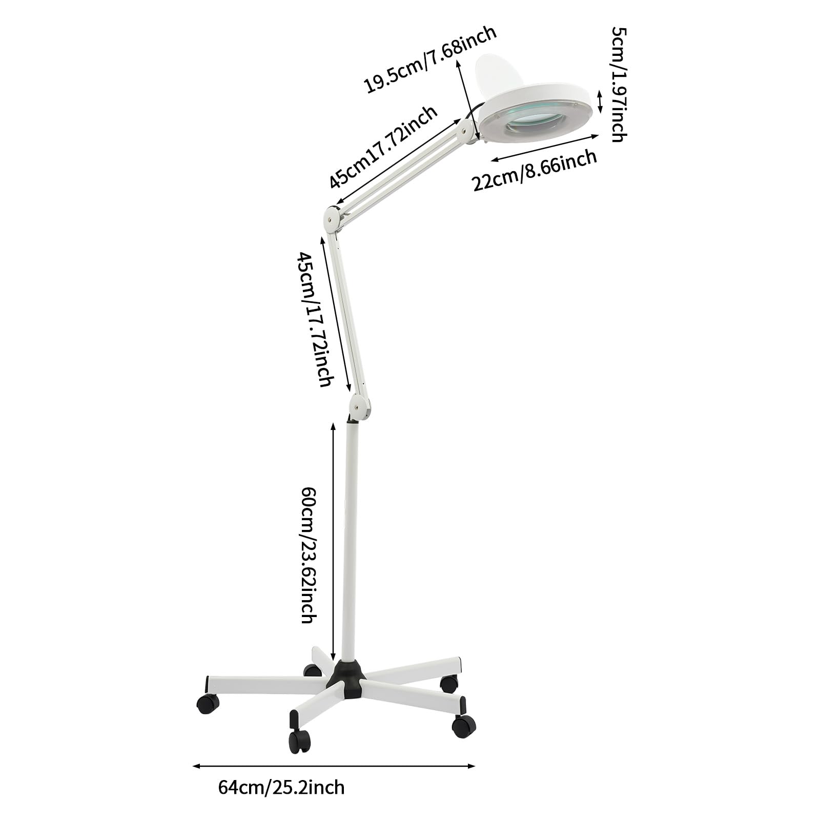 Lupenleuchte 5X, 120 LED Lupe mit Licht und Rollstativ für Kosmetik | Glaslinse 12,5cm, 5-Fach Vergrößerung, 120 LED, Rollstativ, 5 Rollen, für Nähen Lesen Modellbau Juweliere