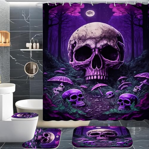 CYSYLQW Totenkopf Duschvorhang 180 x 200 180 x 180 Totenkopf Blumen Gothic Duschvorhänge Polyeste Skull Halloween Skelett Duschvorhang Badezimmermatte 4-teiliges Set (200 x 200 cm(BxH),3)