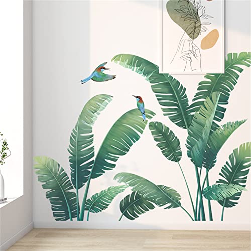 Green Plant Wall Stickers, Tropical Rainforest Monstera Leaf Decal Natural Palm Leaves Nordic Green Leaf Plants Banana Leaf Bird Wall Mural Bedroom Living Room Office Decoration Wallpaper #TOP2