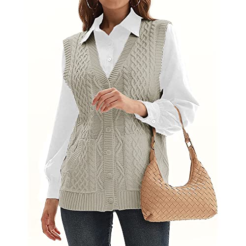 Womens’knit Sweater Vest V Neck Sleeveless Cardigan Button Down Sweater Pocket Outwear Tops Grey #TOP2