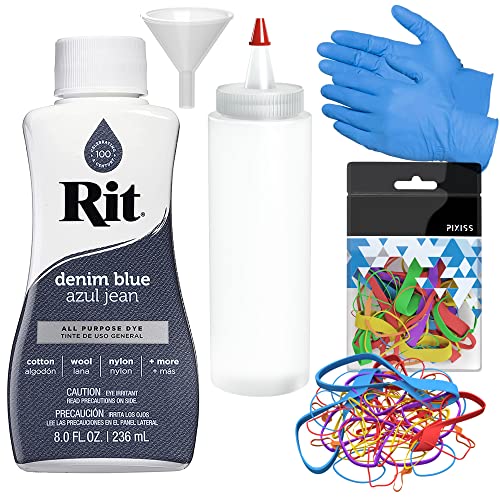 Rit Dye Liquid Denim Blue All-Purpose Dye (8oz) - Pixiss Tie Dye Kit and Accessories Set Bundle with Rubber Bands, Gloves, Funnel and Squeeze Bottle - Tie Dye Party Supplies