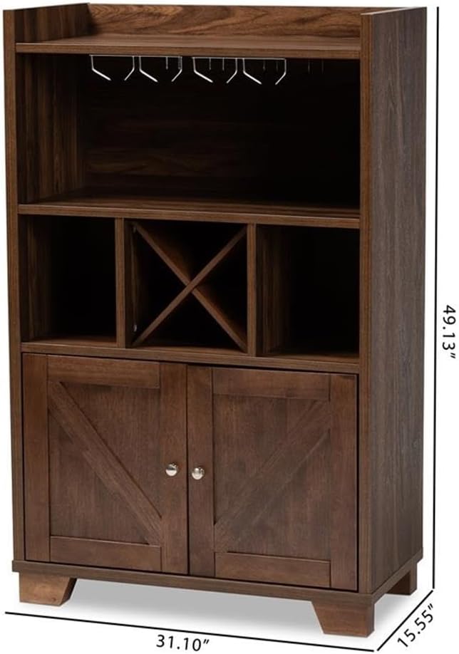 BOWERY HILL Wine Storage Cabinet, Walnut Brown Finish, Solid Rubberwood and Engineered Wood, 49.06 x 31.1 x 15.55 in, 4-Bottle Holders, 8-Stemware Rack, Farmhouse Style Wine Cabinet for Dining Room