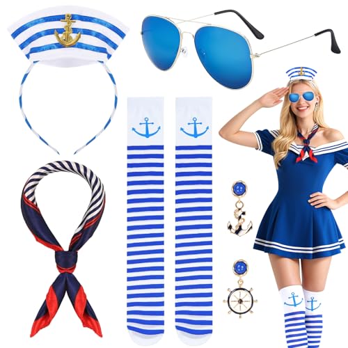 5 Stück Matrosen Accessoires Damen, Matrosen Kostüm Umfasst Einen Matrosenkopfschmuck, Einen Schal, Gestreifte Socken, Eine Brille Und Ohrringe,...