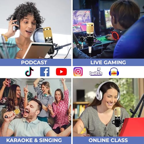 Image of Condenser Microphone Full Setup with Sound Card for Podcast Recording, Singing, Voice Capturing, YouTube Videos, Interviews Recorder Microphones (Black, V8 Sound Card, BM800 Mic)