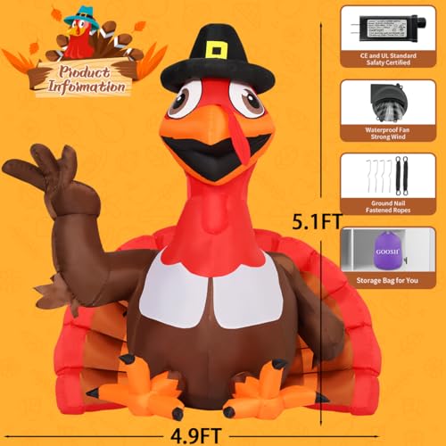 GOOSH 5 FT Thanksgiving Inflatables Turkey with Pilgrim Hat Blow Up Yard Decoration with LED Lights Built-in for Thanksgiving Party Yard Garden