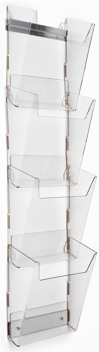 Displays2go Magazine Wall Rack with 4 Pockets, Tiered, Frameless, Notched Front Panels, Durable Construction, High-impact Acrylic, Clear
