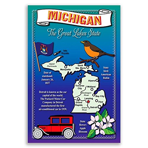 MICHIGAN STATE MAP postcard set of 20 identical postcards. Post cards with MI map and state symbols. Made in USA.