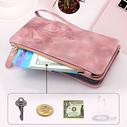 Lacass [Cards Theft Scan Protection] 10 Card Slots Holder Zipper Pocket Wallet Case Flip Leather Cover With Wrist Strap Stand For Samsung Galaxy A14 5G 2023 Case (Floral Rose Pink) #TOP3
