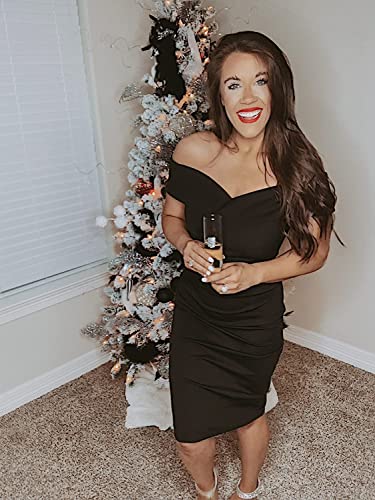 Jasambac Women's Elegant Off Shoulder V Neck Pleated Stretchy Retro Bodycon Pencil Dress Business Cocktail Dress Black L #TOP3