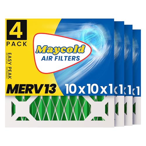 Maycold MERV 13 10x10x1 Air Filter (4-Pack), High-Efficiency Pleated AC & Furnace Filters, Actual Size: 9.70” x 9.70” x 0.75”, Individually Wrapped in Plastic