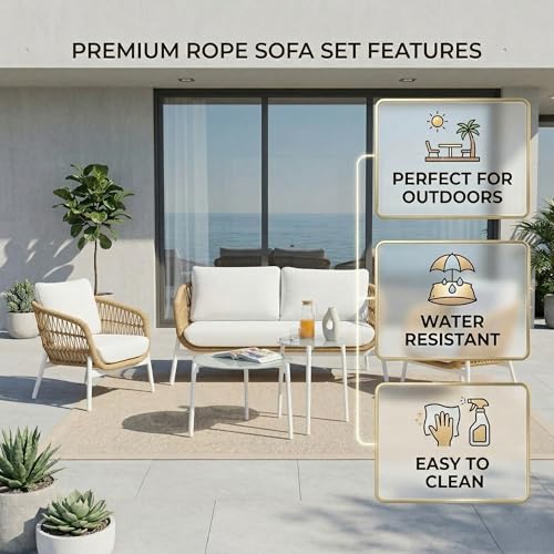 Image of LOCCUS Outdoor 4-Seater Rope Sofa Set with All-Weather Water-Resistant Cushions & Glass Top Round Coffee Table - Patio Conversation Furniture for Garden, Balcony & Poolside (Beige & Off-White)