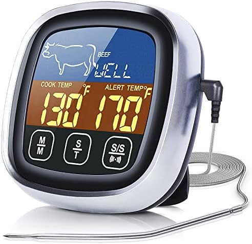 Pilita Digital Meat Thermometer with Large Touchscreen LCD, with Long Probe, Kitchen Timer, Backlight Instant Read for Smoker Kitchen BBQ Oven, Grill Thermometer, Cooking Food Meat Thermometer- Silver