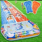 40FT Double Slip and Water Slides for Kids Adults Backyard, Extra Long Lawn Water Slides with 2 Bodyboards, Heavy Duty, Giant Inflatable Water Slip Toys with Crash Pad for Summer Outdoor Party
