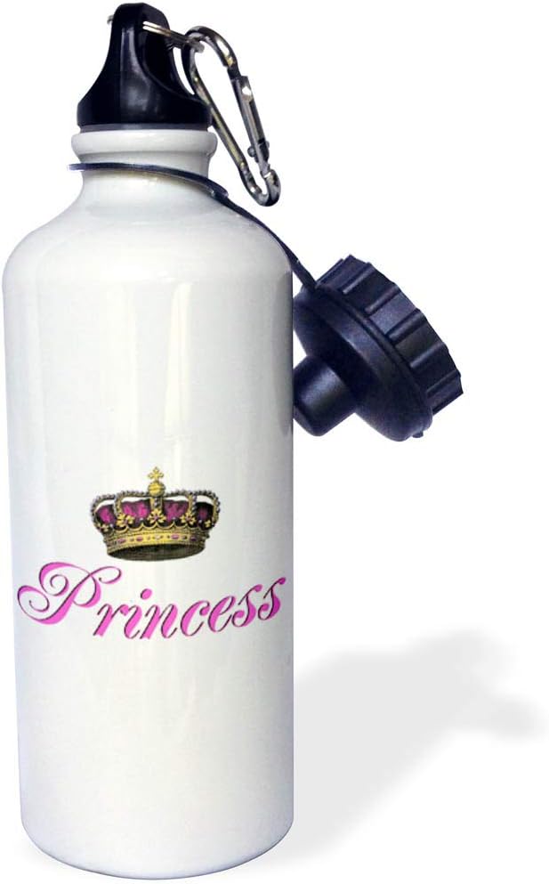 3dRose "Princess girly hot pink cursive script text with fancy royal crown potential part of couples gift" Sports Water Bottle, 21 oz, White