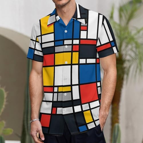 Mondrian Style Pattern Men's Button Down Short Sleeve Shirt Casual Summer Beach Tops2