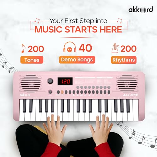 Image of Akkord 37 Keys Music Keyboard - Pink Edition | MIDI USB-C, Touch Response, 200 Rhythms,Tones & 40 Demos, LED Display, Portable Beginner Piano Compatible with GarageBand.