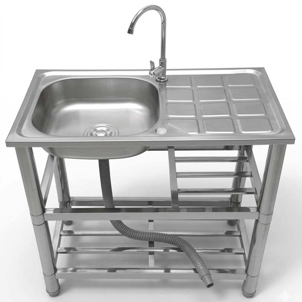 BAKAJI Lavello in Acciaio Inox con Rubinetteria Completa e Kit Sifone Ideale per Esterno, Patio, Giardino, Cucina in Balcone e Veranda, Lavandino con Ripiani Portaoggetti e Accessori, 75 x 40 x 80 cm