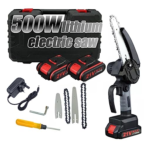 Irishom Mini Chainsaw, 4 inch&6 inch Portable Electric Chainsaw Cordless with Security Lock 2 Chains 2PCS 21V 1500mAh Batteries，Small Handheld Chainsaw for Garden Courtyard Branches Wood Cutting Tree