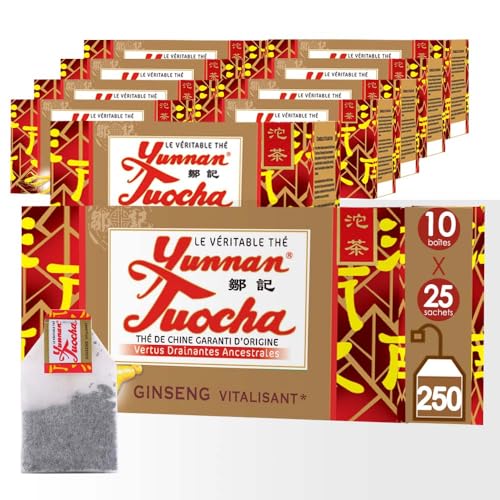 Yunnan Tuocha – Té negro con ginseng Vitalizante orgánico – 250 bolsas (10 x 25 bolsas) – 500 g – Original Yunnan