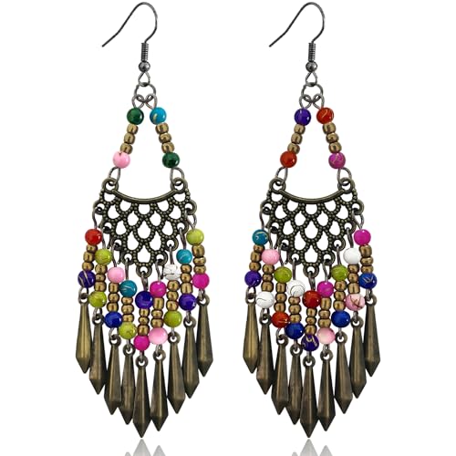 KVANU Handmade Vintage Bronze Bohemian Long Tassel Colorful Bead Dangle