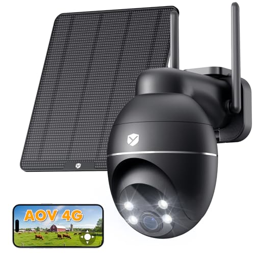 YESKANO 24/7 Grabación AOV 4G LTE Camara Vigilancia Exterior Solar Sin WiFi Alimentado por Batería, 2K Visión Nocturna, PTZ 355°&100°,Detección de Ersonas y Vehículos, Doble SIM(eSIM Incluida)