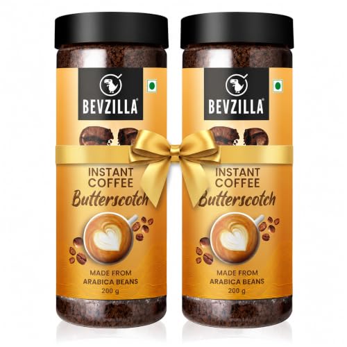 Image of Bevzilla Butterscotch Flavoured Instant Coffee Powder - 400 Gram (200gx2) | Arabica Beans | Perfect for Espresso, Latte & Cappuccino | Enjoy Hot & Cold Brews