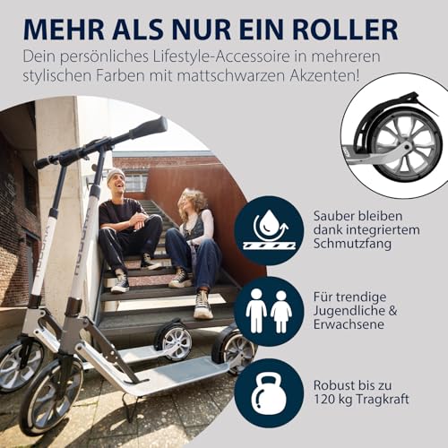 HUDORA BigWheel 230 Advanced Scooter - Stabiler Aluminium-Roller bis zu 120kg - Leiser & zusammenklappbarer Cityroller mit St&auml;nder & Klingel - Kick-Scooter f&uuml;r Kinder/Jugendliche & Erwachsene - shadow