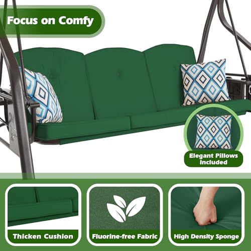 Image of ZZW 3-Seat Outdoor Porch Swing with Stand Patio Swing with Canopy 2 in 1 Porch Swing Bed & Patio Swing Chair for Adult Yard Swing w /Extra Pillows and Cup Holder (Green)