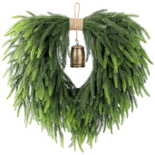 ZHWOSEE 24" Heart Artificial Norfolk Pine Wreath, Vintage Metal Bell Accent - image 1