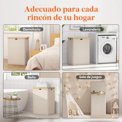Miniatura 8 de Lifewit 160l Grande Cesto Ropa Sucia Con Tapa De Bambú, Cesta Ropa Sucia Con Asas, Cubo Ropa Sucia Plegable Con 2 Secciones Y Bolsa Lavable Extraíble, Laundry Basket Para Baño, Lavadero, Beige