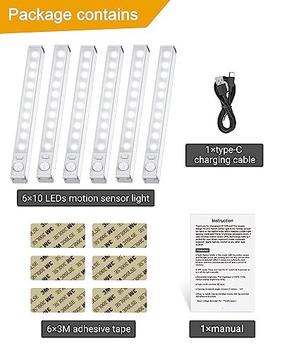 Lofter-Pro Under Cabinet Lights, Led Motion Sensor Light, Usb-C Rechargeable 10 Led Closet Lights Wireless Magnetic Stick-Anywhere Night Light For Kitchen, Wardrobe, Closets, Cupboard, Stairs, 6 Pack #TOP6