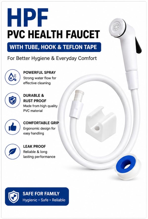 Image of HPF PVC Flexible Health Faucet Set with Gun, Pipe, Hook - Bathroom (Toilet Spray Gun) Accessories (Standard Size, White) with Free 1 Leak Proof Teflon Tape, Tube Length 1 Meter