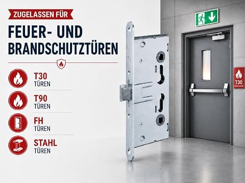 FH-Einsteckschloss 65/72/9 für Brandschutz- & Stahltüren, T30/T90, DIN links/rechts, Dornmaß 65 mm, Entfernung 72 mm, Vierkant 9 mm, Stulp 24 x 235 mm, verzinkt - Hersteller ISEO