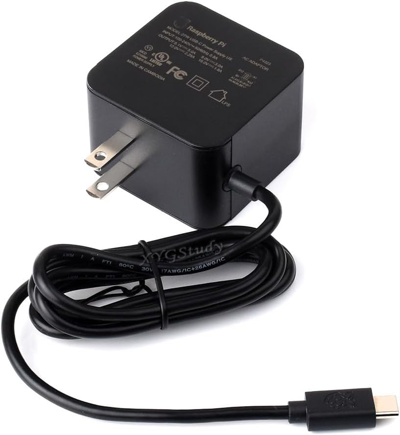 Official 27W USB-C Power Supply for Raspberry Pi 5, 5.1V/5A, 9V/3A, 12V/2.25A, 15V/1.8A, Black US