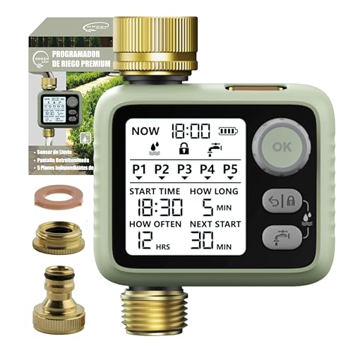 GREEN GOF Programador de Riego Premium - Conectores de Latón - Sensor de Lluvia - Pantalla Retroiluminada - Temporizador de Bajo Consumo a Pilas - 5 Programas Independientes - Fácil e Intuitivo.