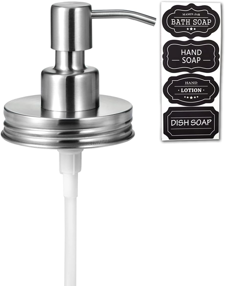 Amolliar Mason Jar Liquid Soap Dispenser Pump, Rustproof Stainless Steel Lid, Cute Farmhouse Decor for Kitchen, Bathroom, Refill Soap Pump for Hand Soap, Dish Soap, Lotion Soap, Brushed Nickel 1 Pack