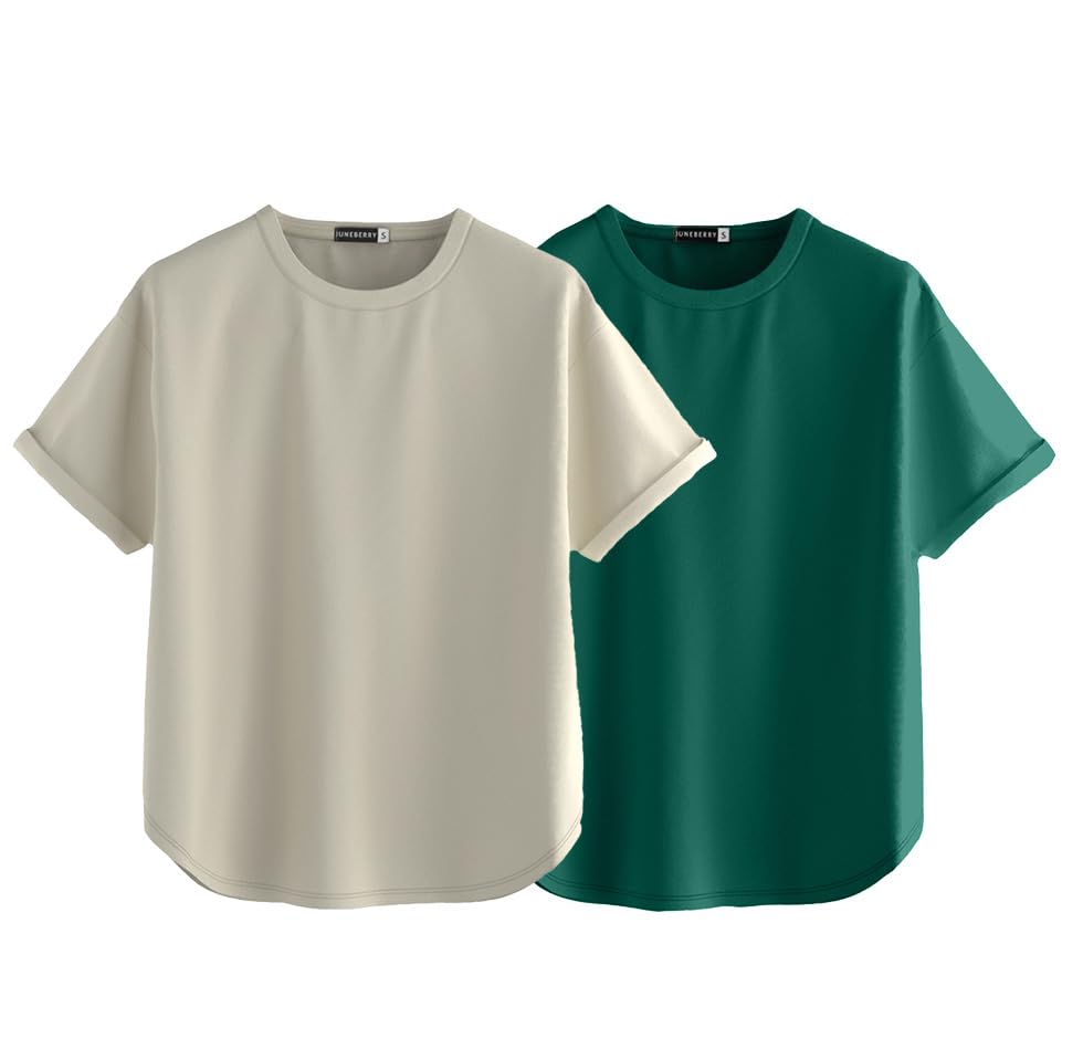 Image of JUNEBERRY Pure 100% Cotton Oversized Loose Baggy Fit Round Neck with Drop Shoulder Half Sleeves Boyfriend T-Shirt Combo for Women & Girls (Pack of 2)