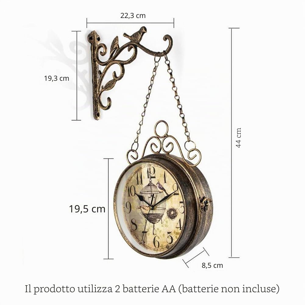 Uposao Orologio da parete retrò a doppia faccia, orologio da parete in ferro con numero di 25 cm, a batteria, orologio della stazione di New York per interni ed esterni, giardino, cucina, cortile