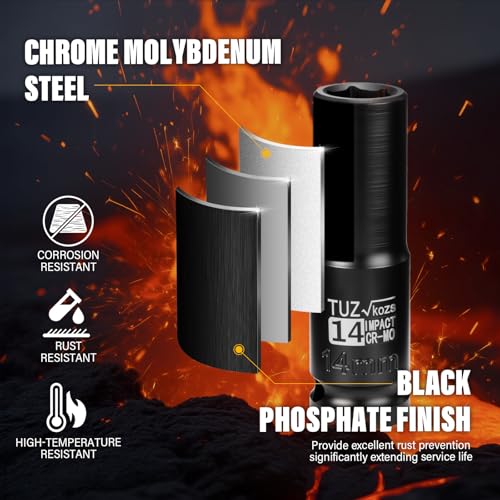 Image of 1 /2 Inch Drive 14mm Deep Metric Impact Socket,CR-MO,6 Point Radius Corner Design,Square Chamfered Opening,Axle Nut Impact Grade Socket for Easy Removal