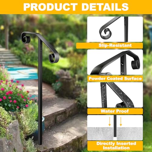 Handrails for Outdoor Steps, 1-2 Step Single Post Handrail, 58" H Rustproof Wrought Iron Stair Railing with Assembly Tool Kit for Concrete Steps, Wood Steps, Black by SPACEEUP - Image 4