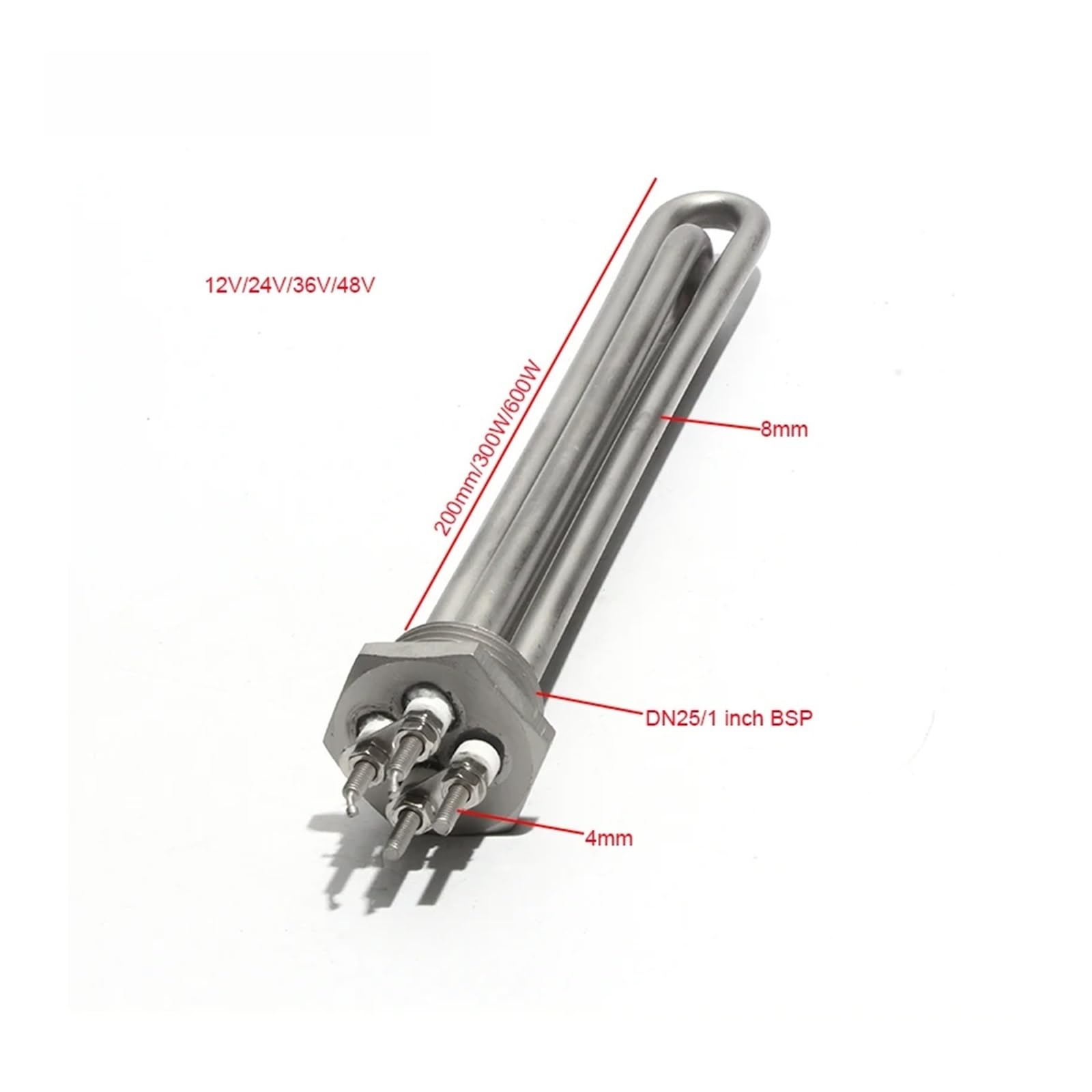 Élément chauffant 300W/600W DN25/1 pouce for chauffe-eau solaire, radiateur tubulaire DC12V/24V/48V, tous 304SS, longueur 200mm(Heater Chuck,36V -300W NPT)