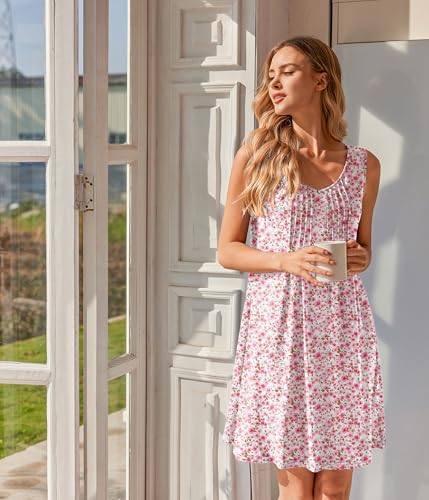 Image of Ekouaer Nightgowns for Women Sleeveless Sleep Shirt Tank Night Gown V Neck Chemise Pleated Night Shirt Soft Sleep Dress
