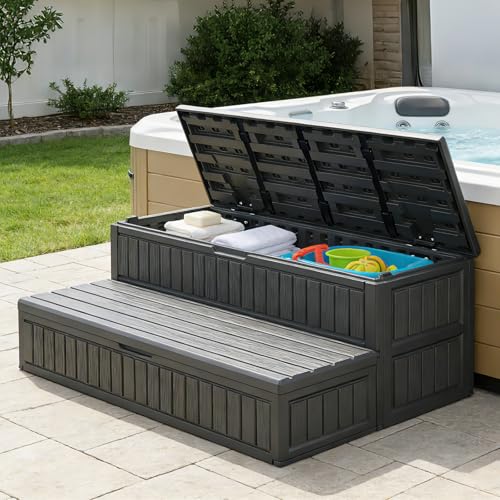 IWDOO Outdoor Hot Tub Steps with Storage 32-Gallon Capacity, Upgrade Large Storage Spa Steps with Anti-Slip Treads, Detachable & Fully Enclosed Design for Poolside, Patio, Indoor Use, Black